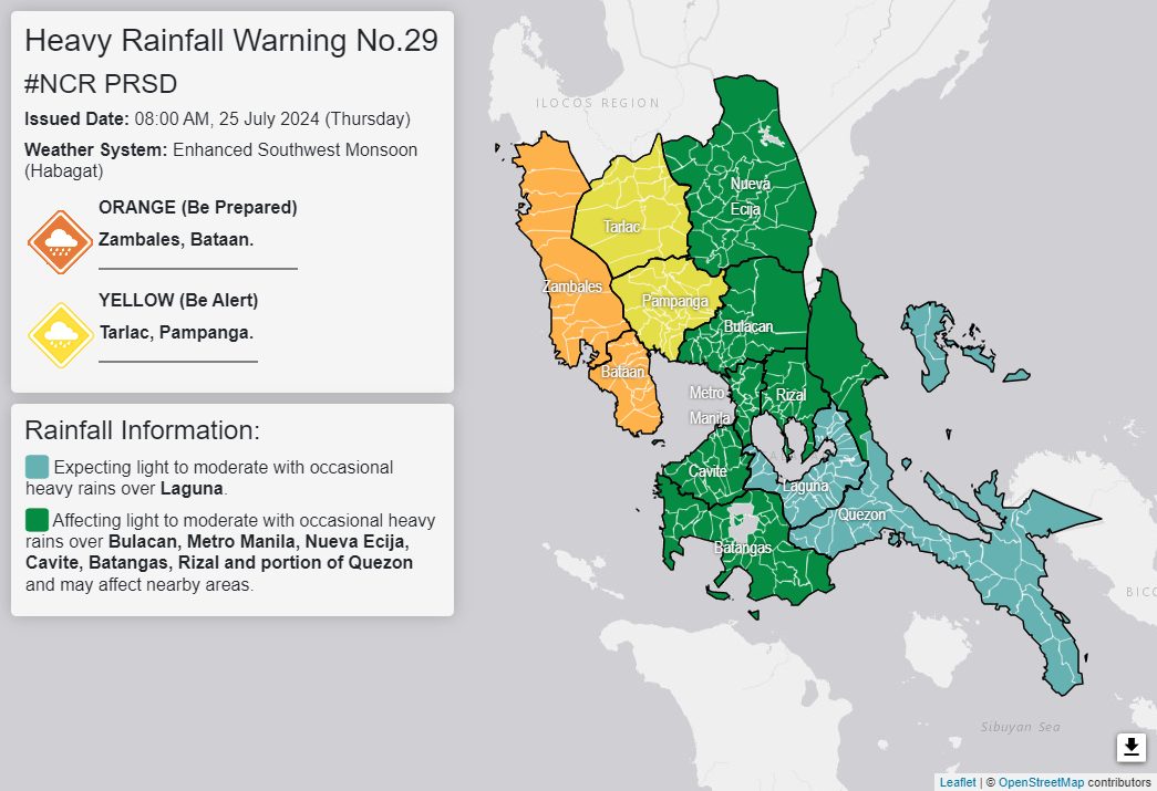 Orange rainfall warning raised over Zambales, Bataan