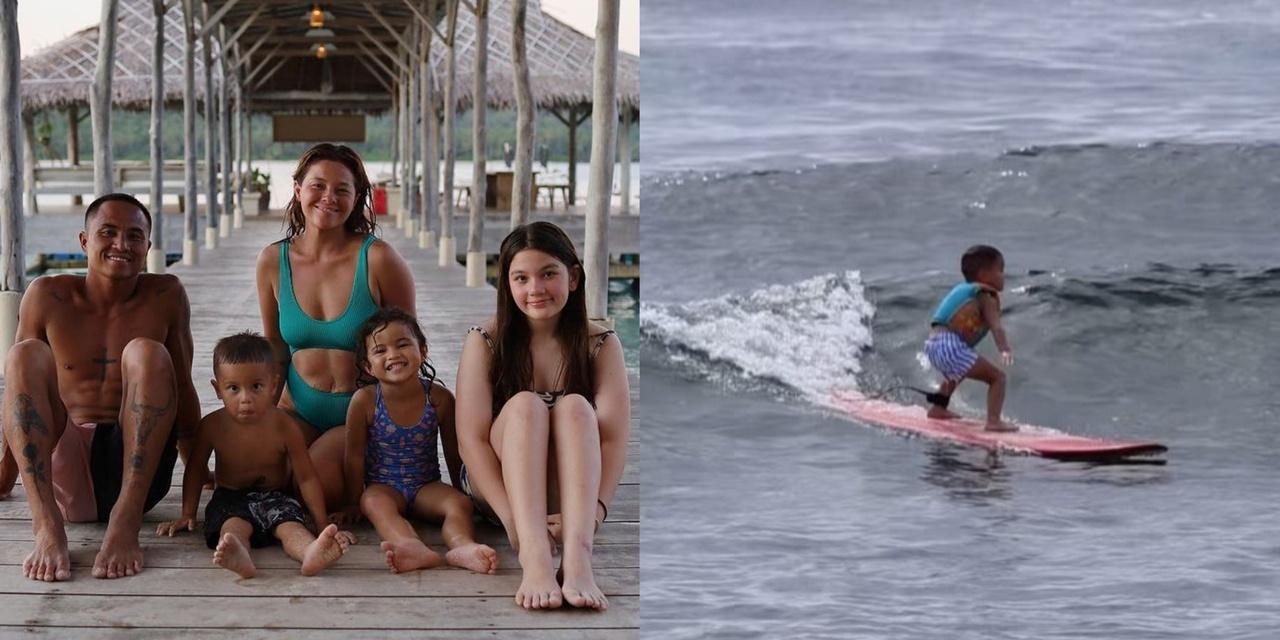 Andi Eigenmann, Philmar Alipayo’s 3-year-old son Koa can now surf on his own