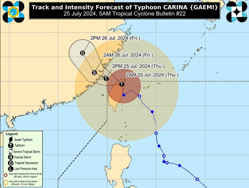 Carina crossing Taiwan; Signal No. 1 raised over Batanes