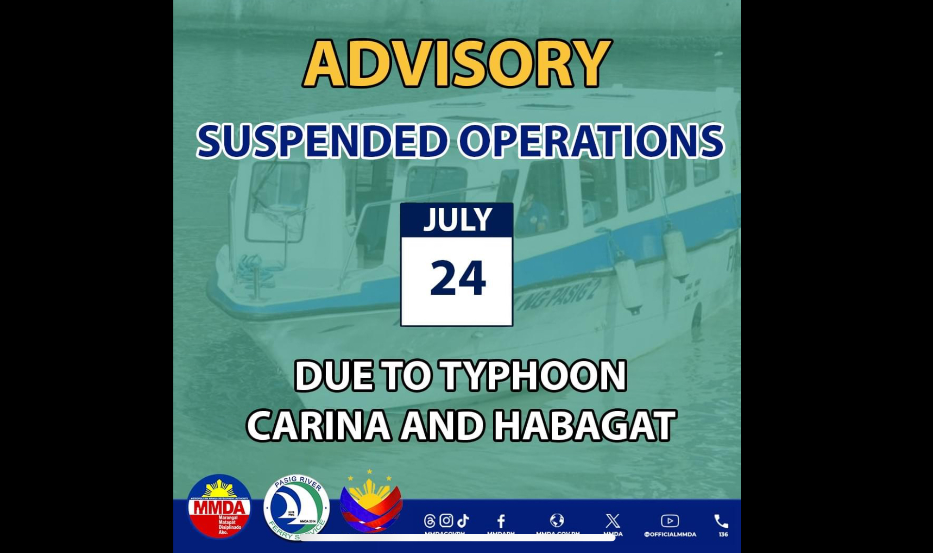 Pasig River ferry service suspended due to Carina