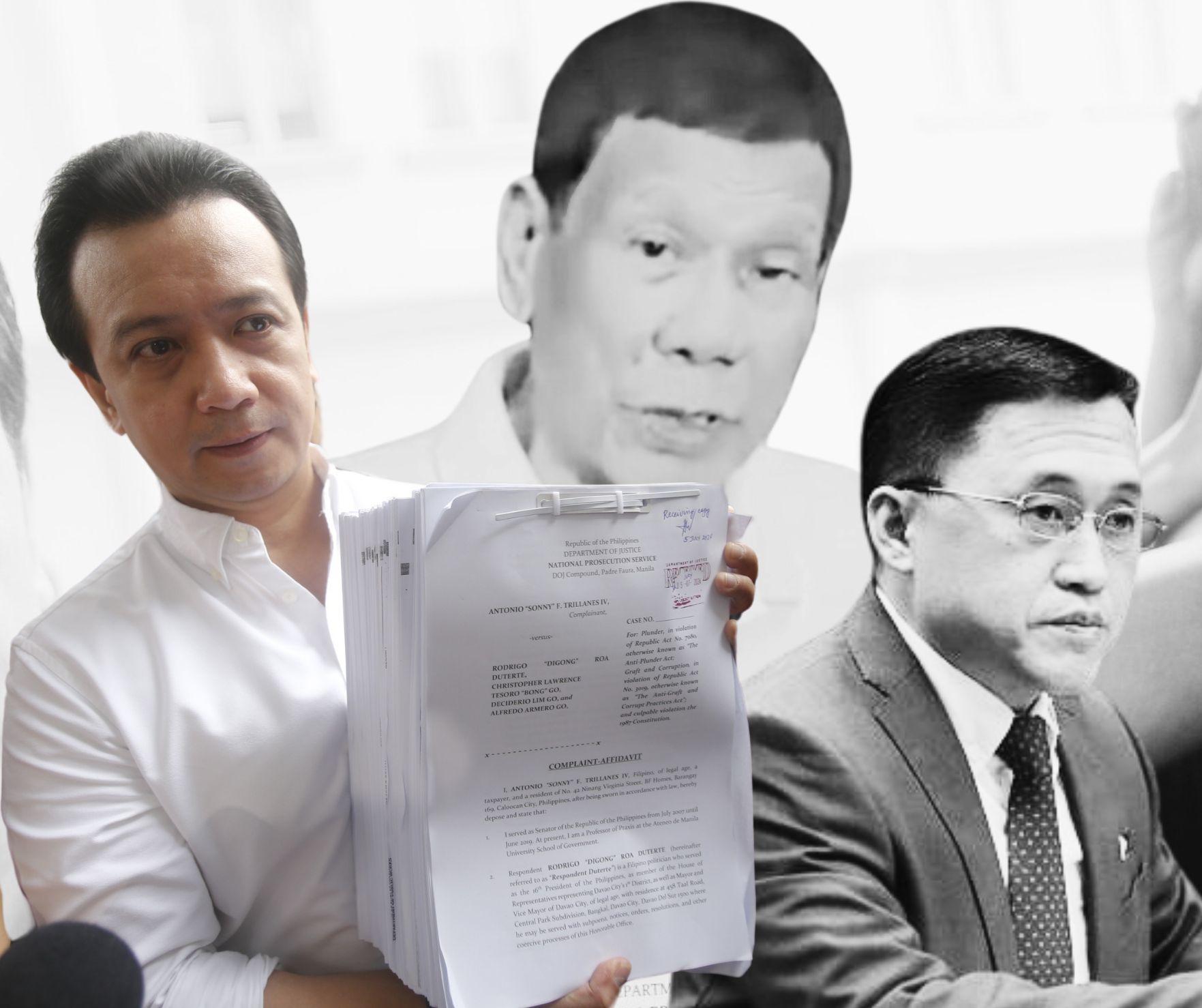 Former Senator Antonio Trillanes IV on Friday filed a plunder and graft complaint against former President Rodrigo Duterte and Senator Bong Go