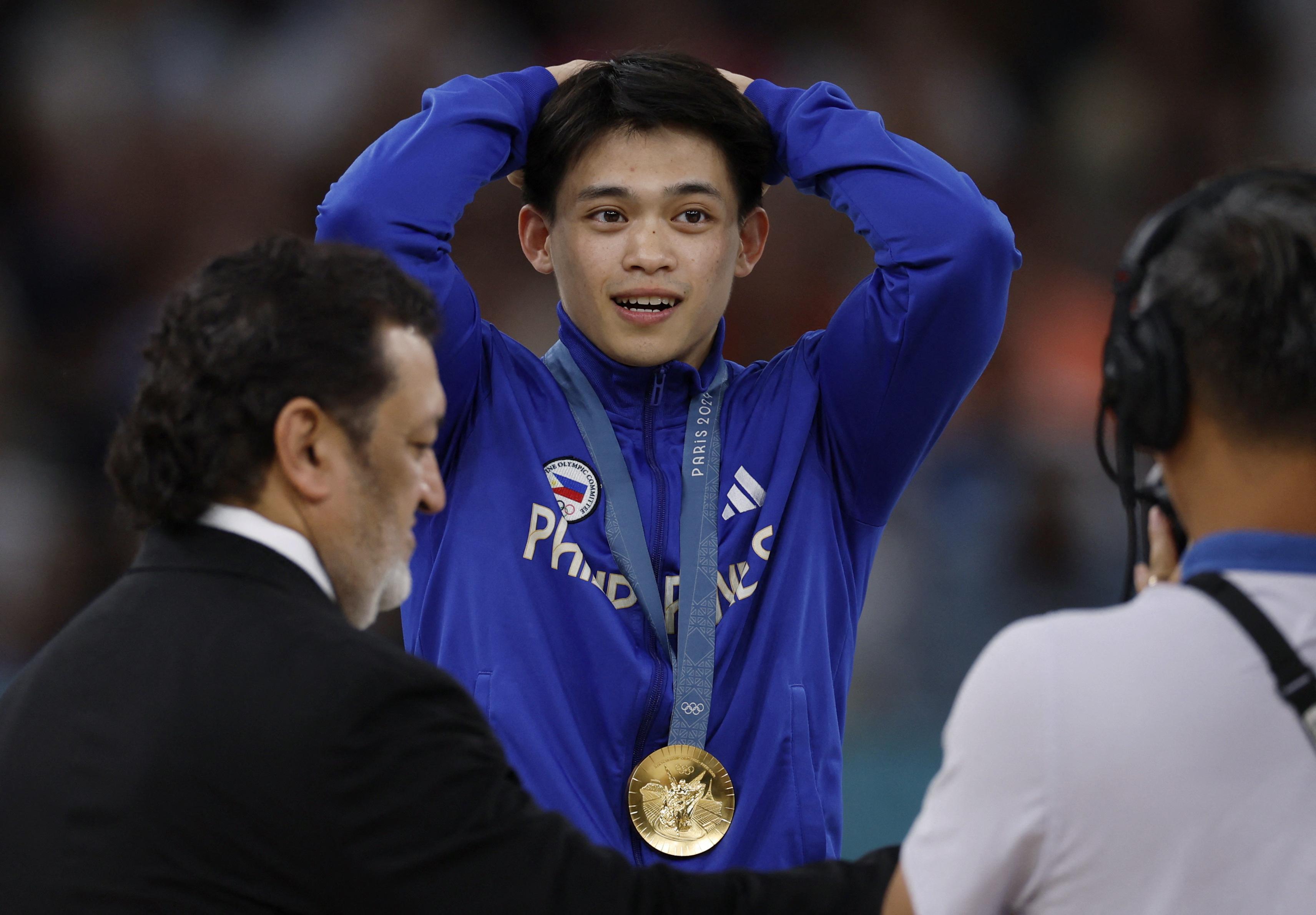 Filipino gymnast Carlos Yulo wins a gold medal at the 2024 Paris Olympics