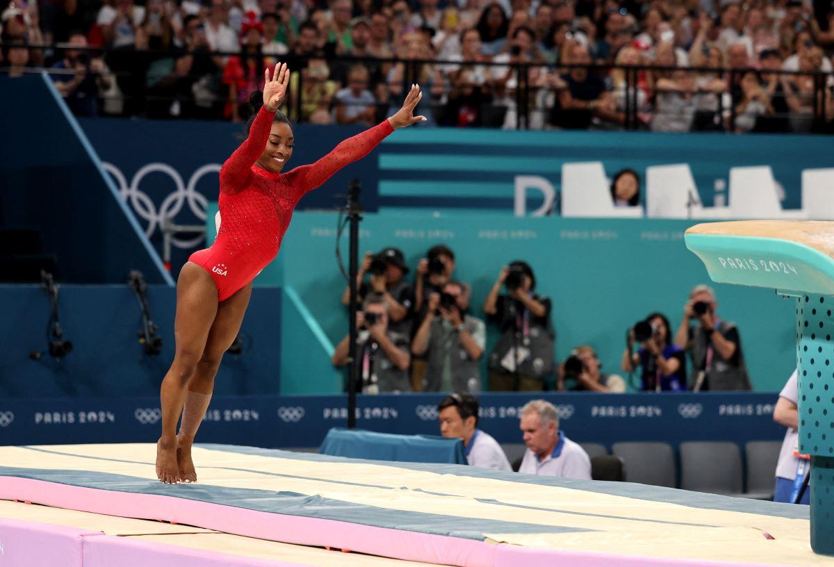 Simone Biles of the United States during the vault final for artistic gymnastics