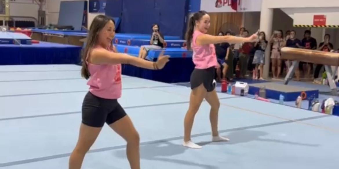 Olympic gymnasts Aleah Finnegan and Emma Malabuyo dance to “Espresso” during gymnastics training