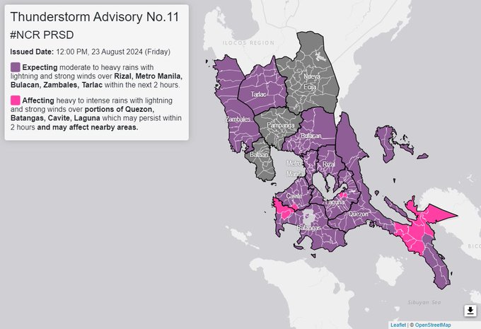 Thunderstorm advisory up over Metro Manila, 4 Luzon provinces