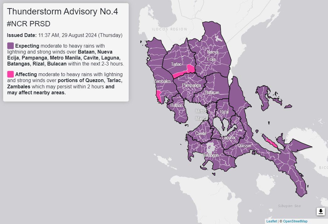 Thunderstorm advisory up over Metro Manila, 8 Luzon provinces