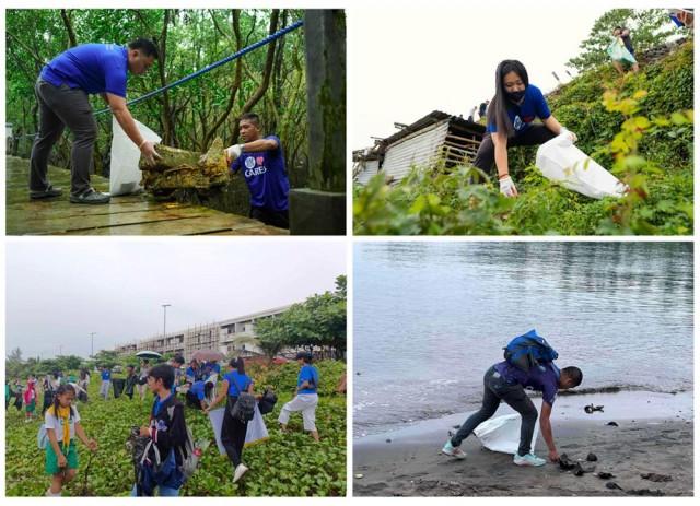 (Top L-R) SM City Bataan employee-volunteers clean coastal barangays by the Balanga Wetland and Nature Park | Cataggamanan Viejo get cleaned by volunteers from SM City Tuguegarao and SM Center Tuguegarao Downtown. (Bottom L-R) Bagasbas Beach gets greener with a cleanup by SM City Daet volunteers. | A volunteer from SM City Legazpi cleans up the coast of Legazpi Boulevard.