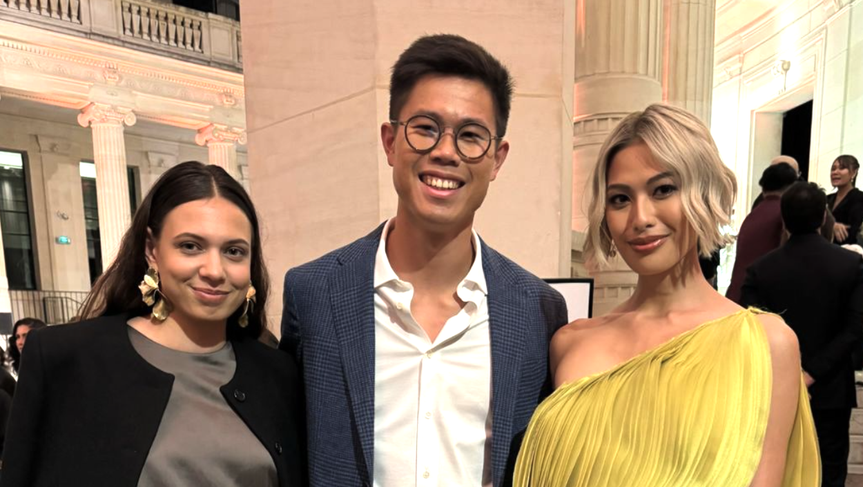 Michelle Dee, EJ Obiena and Caroline Joyeux pose for a snap at Vogue Threads in Paris