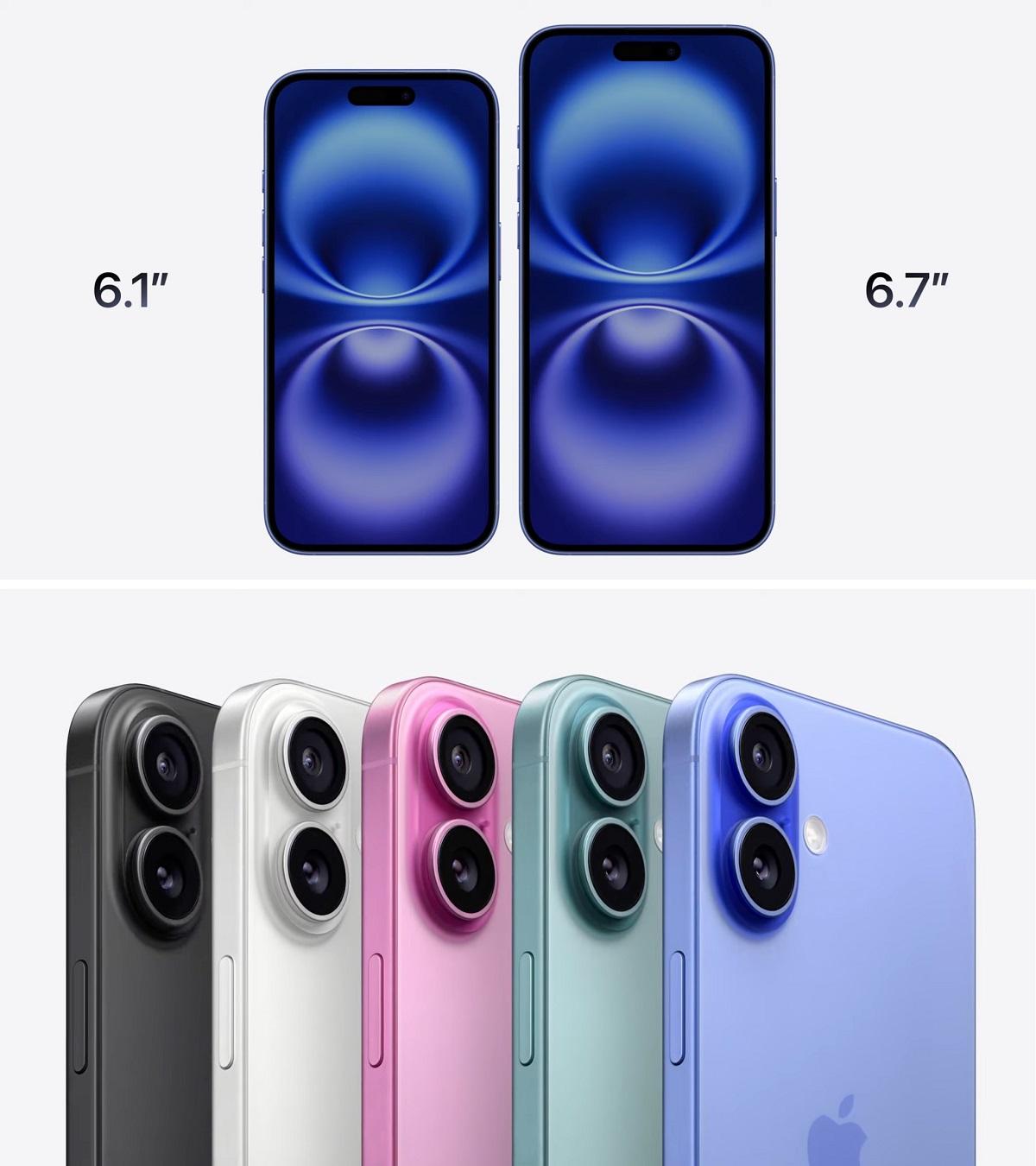 The iPhone 16 comes in two sizes and five colors, according to Apple in its product launch livestream on Sept. 10, 2024.