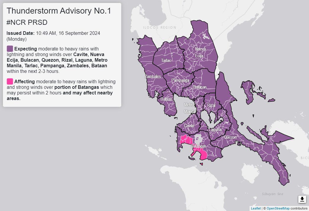 Thunderstorm advisory up over Metro Manila, 10 Luzon provinces