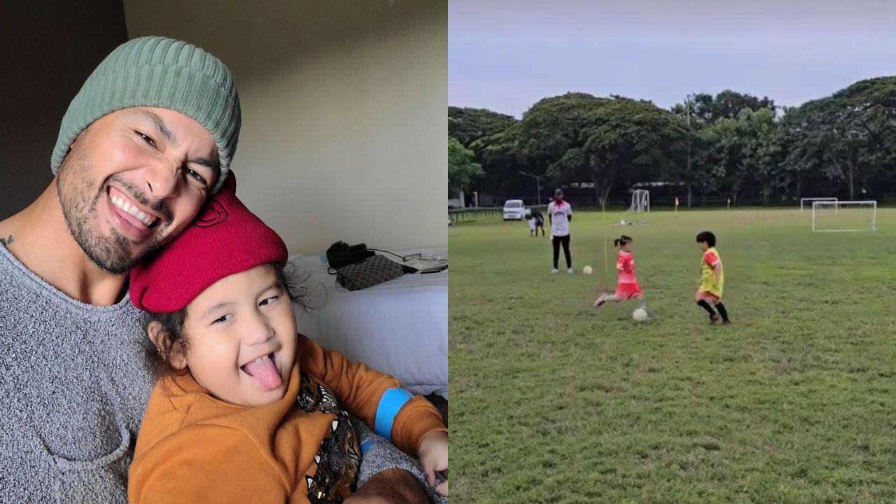 Derek Ramsay cheers for Ellen Adarna's son Elias as he plays soccer