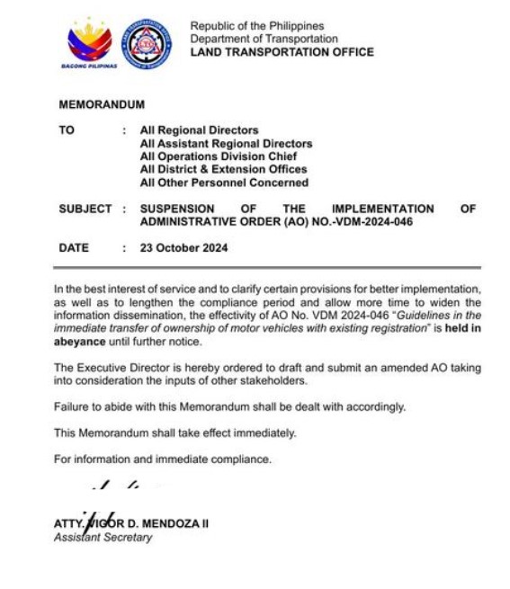 LTO transfer of ownership of motor vehicles guidelines suspended