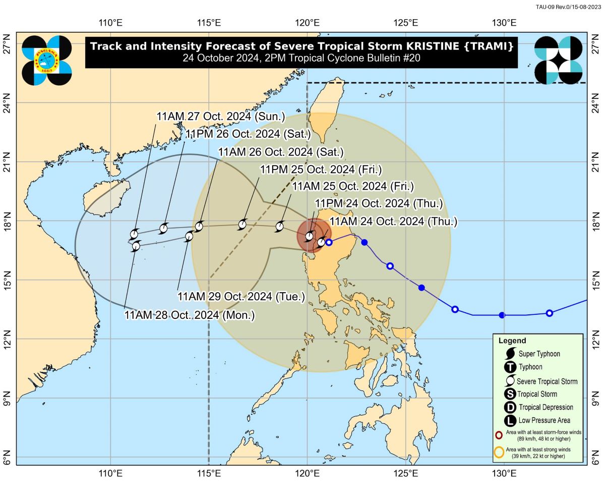 Kristine now over Ilocos Sur waters, 4 areas under Signal No. 3