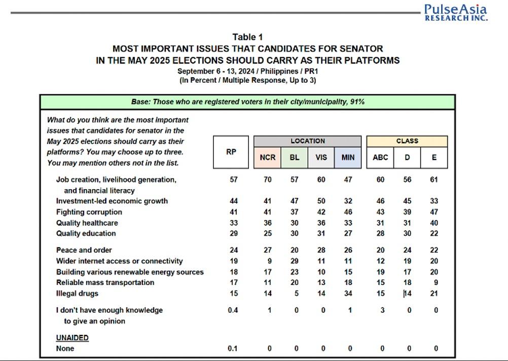 Majority of Pinoys want 2025 Senate bets to plan for job creation --Pulse Asia commissioned poll