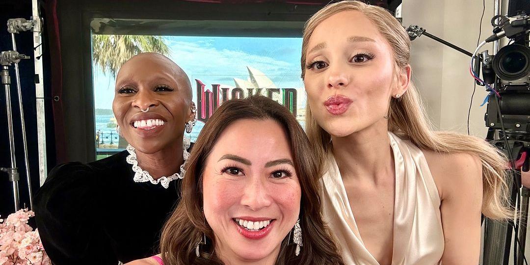 Lyn Ching gives bracelets to Ariana Grande and Cynthia Erivo during 'Wicked' interview