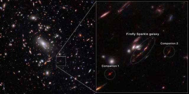 An image acquired by the James Webb Space Telescope, using the NIRCam instrument, shows a newly identified galaxy, the Firefly Sparkle, that is in the process of assembling and forming stars, and existed about 600 million years after the Big Bang, along with two neighboring galaxies. Overlayer added by source. NASA, ESA, CSA, STScI/ Chris Willott (NRC-Canada), Lamiya Mowla (Wellesley College), Kartheik Iyer (Columbia)/ Handout via REUTERS