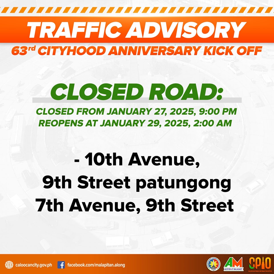 Road closures on Jan. 27-29 for Caloocan cityhood anniversary kickoff