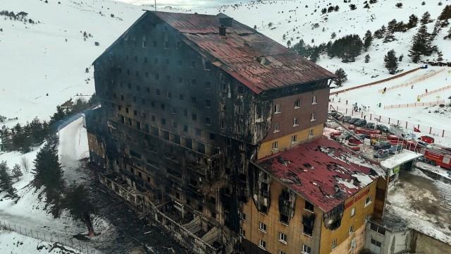 A drone view shows the aftermath of a fire at a hotel in the ski resort of Kartalkaya in Bolu, Turkey, January 21, 2025. At least 66 people died in the blaze. REUTERS/ Murad Sezer