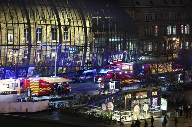 Firefighters' and rescue vehicles are stationed outside the Strasbourg railway station following a collision of two trams, in Strasbourg, eastern France, on January 11, 2025. Frederick Florin/ AFP