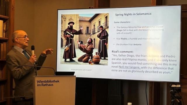 Austrian cultural anthropologist Dr. Johann Stockinger provides context about Austrian journalist Johannes Nordmann's novel 'Spring Nights in Salamanca' and discusses how generative AI illustrations were used to help the audience imagine scenes in the novel. Based on his 1887 letter, Jose Rizal was able to read Nordmann's book. ANDY PEÃ‘AFUERTE III