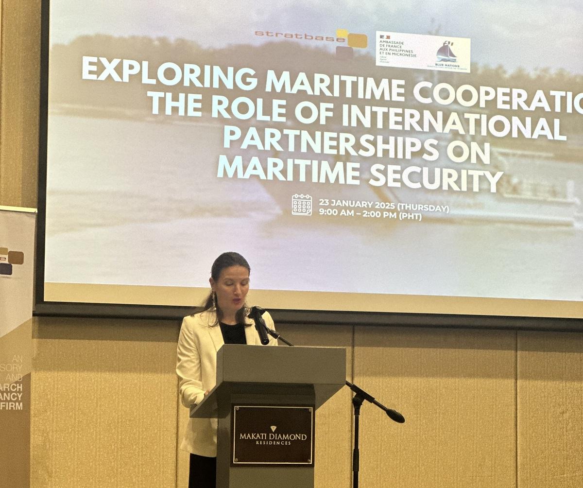 French Ambassador Marie Fontanel speaks at the Stratbase ADR Institute