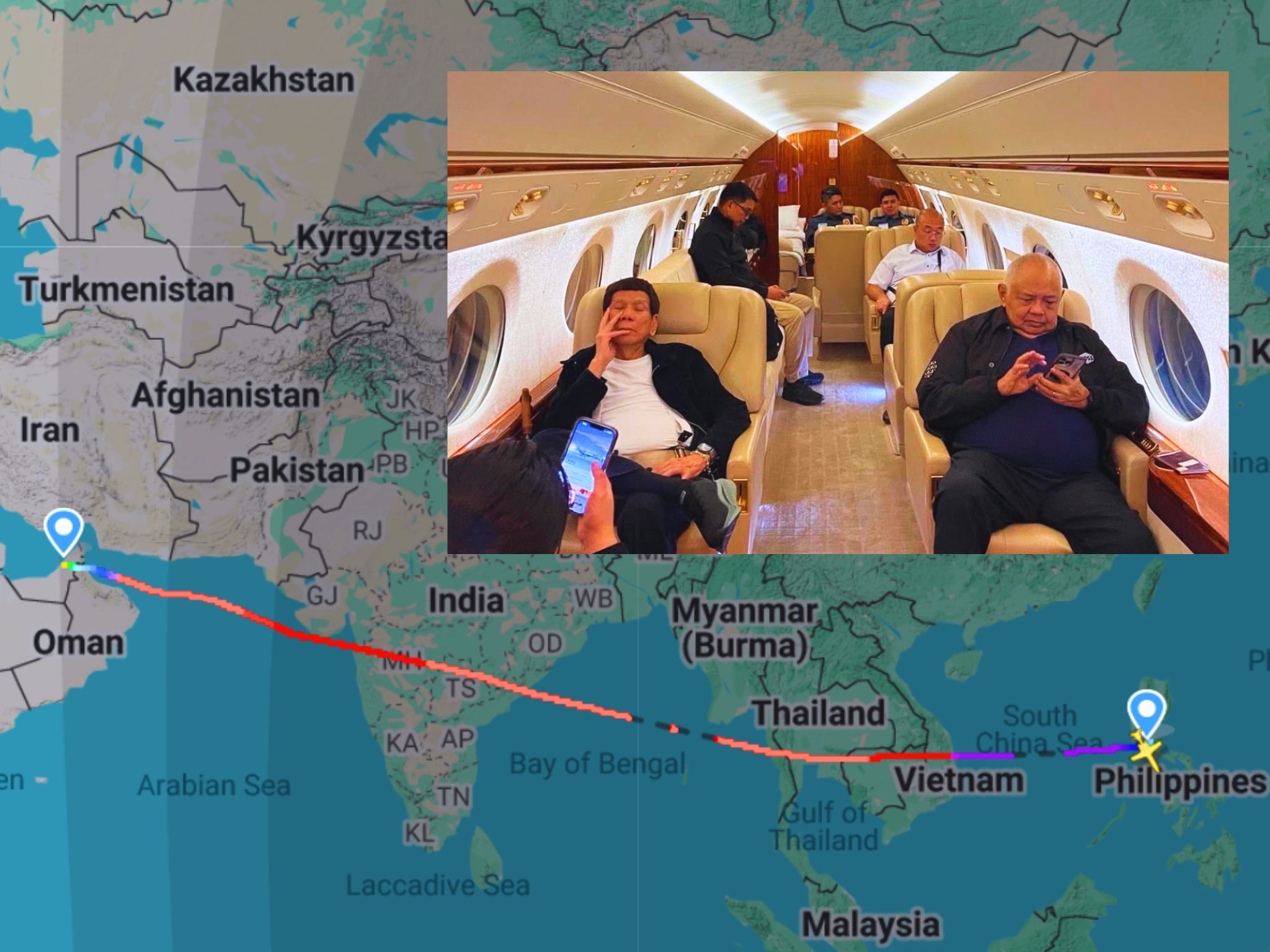 The plane carrying former President Duterte after he was served a warrant of arrest from the ICC in The Hague has arrived in Dubai for a layover.