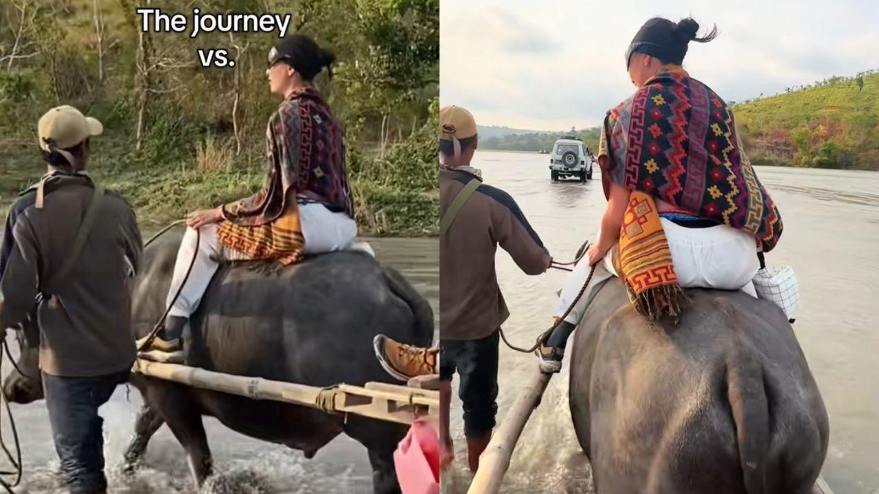 R'Bonney Gabriel hops on a carabao as she explores Zambales