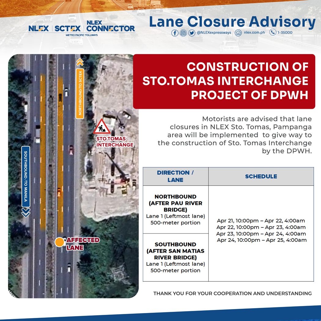 NLEX advises motorists of lane closures in Sto. Tomas, Pampanga area