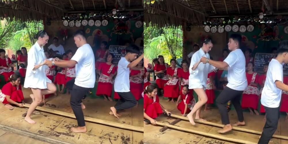 R’Bonney Gabriel dances tinikling in Bohol