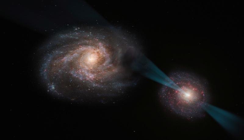 Two galaxies seen in a 'joust' preceding a cosmic mega-merger