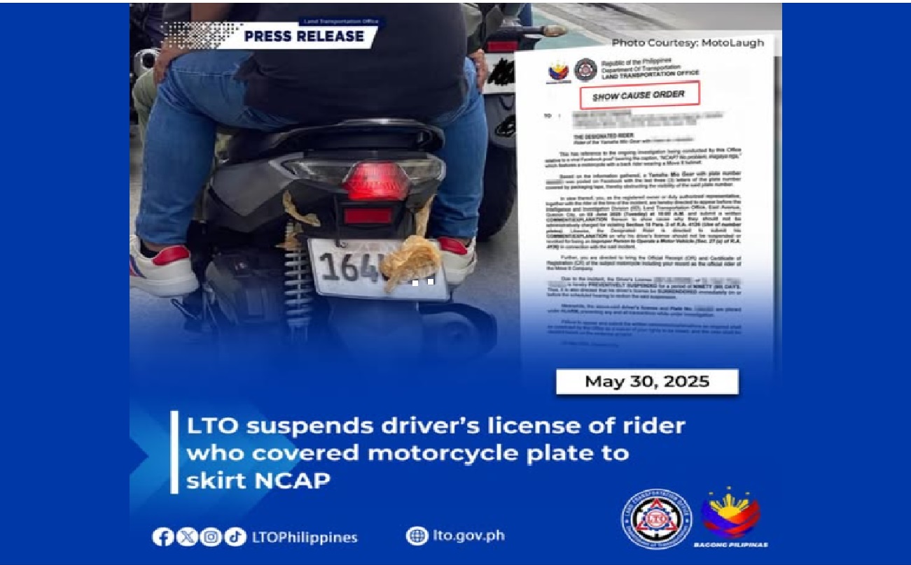 LTO: Suspendido ang lisensiya ng rider na tinakpan ang plaka ng motorsiklo para iwas-huli sa NCAP