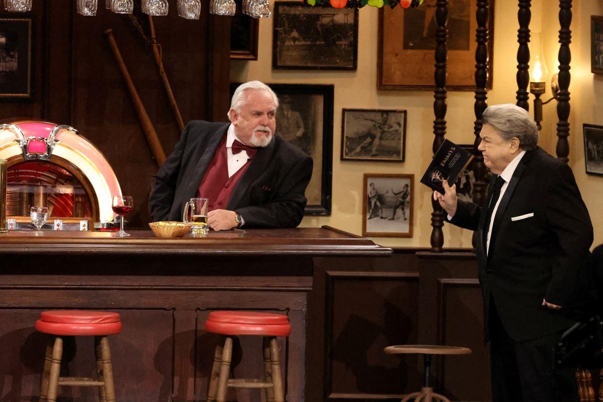John Ratzenberger (left) and George Wendt (right) perform a sketch from the show Cheers