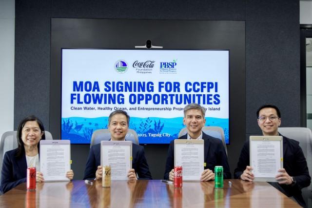 (L-R) Ma. Cecilia L. Alcantara, President of CCFPI; Carlos Primo David, DENR Undersecretary for Integrated Environmental Science; Tony Del Rosario, President of Coca-Cola Philippines and Chairman of the Board of CCFPI; and Elvin Ivan Uy, Executive Director of PBSP, during the MOA signing held at the Coca-Cola Philippines office.