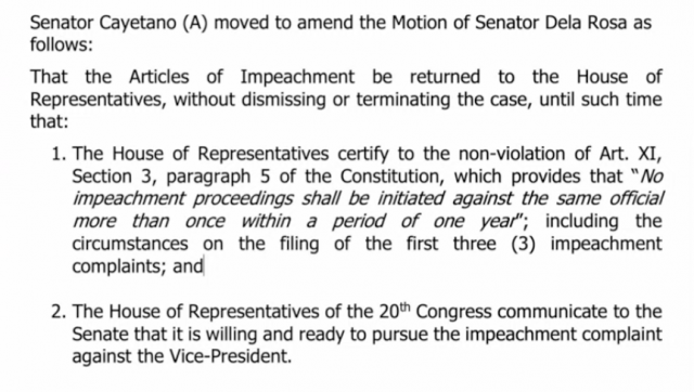 The motion to return the House of Representatives the articles of impeachment against Vice President Sara Duterte as seen on the Senate plenary big screen. 