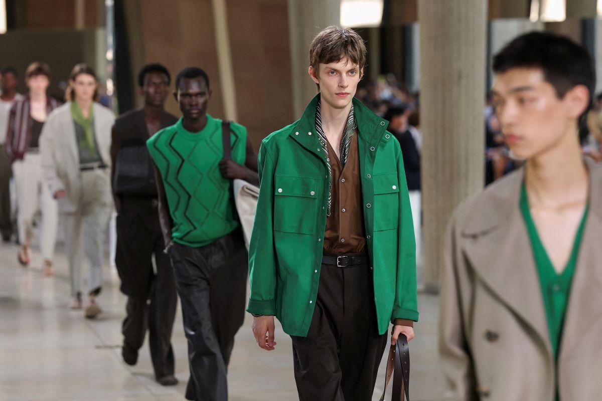 Hermes shows woven leather tops and trousers for men on Paris runway