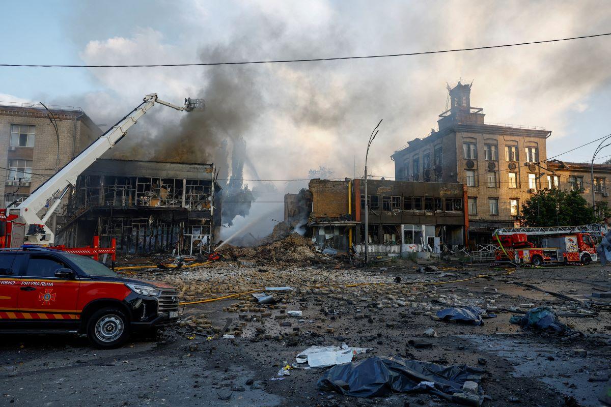 Aftermath of a Russian drone and missile attack in Kyiv, Ukraine