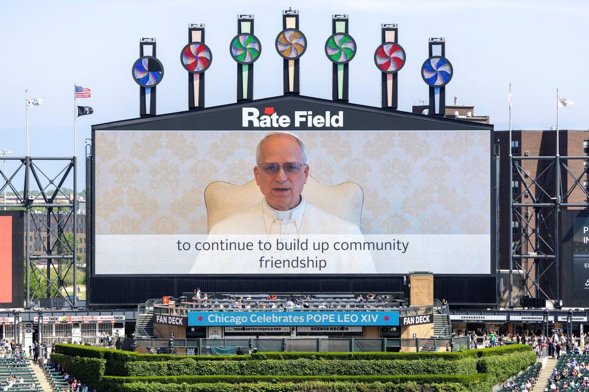 Pope Leo, from Chicago, makes his first US pitch at White Sox Park