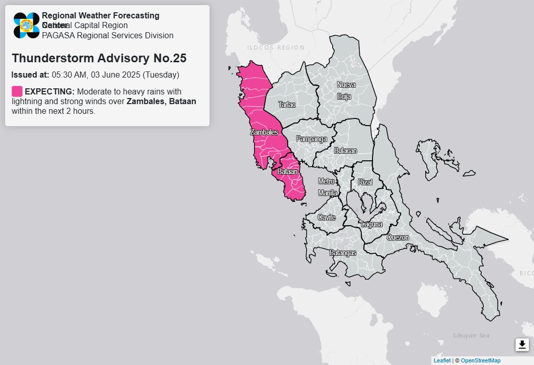 Thunderstorm alert up over Zambales, Bataan