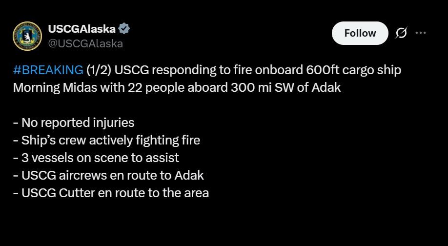 Burning cargo ship carrying 3,000 vehicles abandoned off Alaska