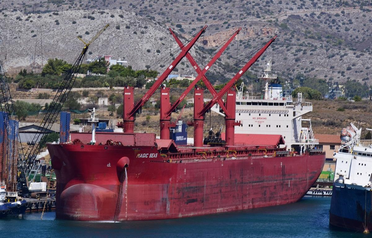 The Magic Seas cargo ship docked in a port in Ampelakia, Salamis Island, Greece, August 9, 2022