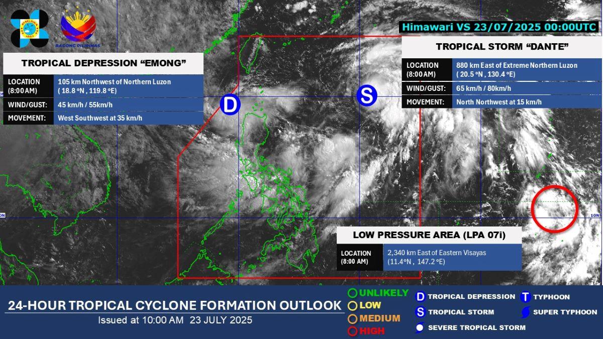 Tropical Storm Dante, Tropical Depression Emong, and LPA on July 23, 2025