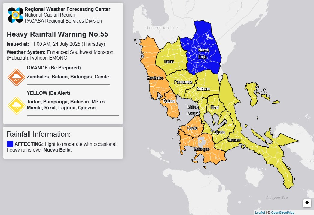 Orange rainfall warning up in Zambales, Bataan, Batangas, Cavite