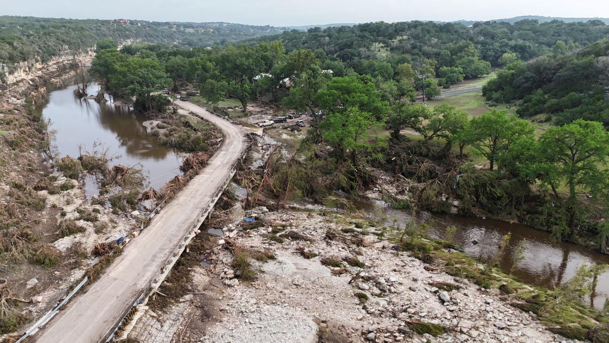 Drone view of the Guadalupe River and damage from flooding near Camp Mystic