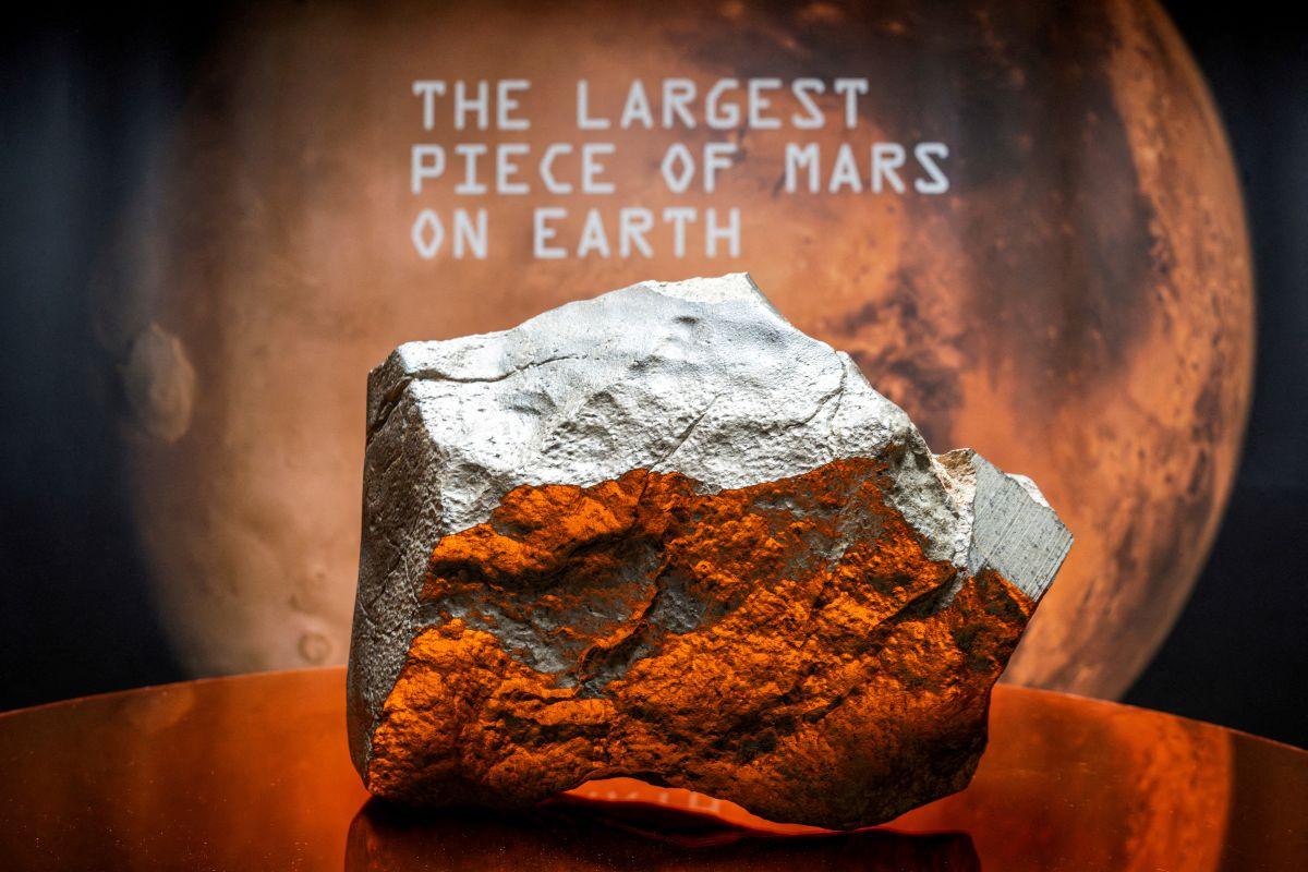 Meteorite NWA 16788 is displayed at Sotheby’s auction in New York
