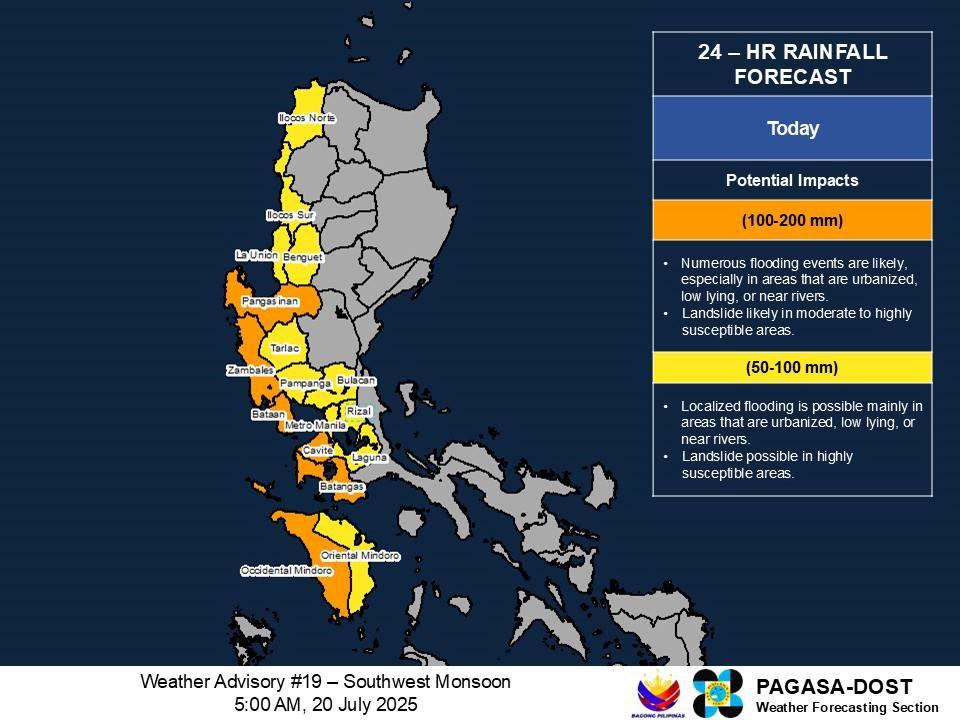Habagat rainfall forecast for Sunday, July 20, 2025