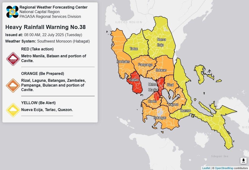 heavy rainfall warning issued by PAGASA July 22, 2025 at 8 a.m.