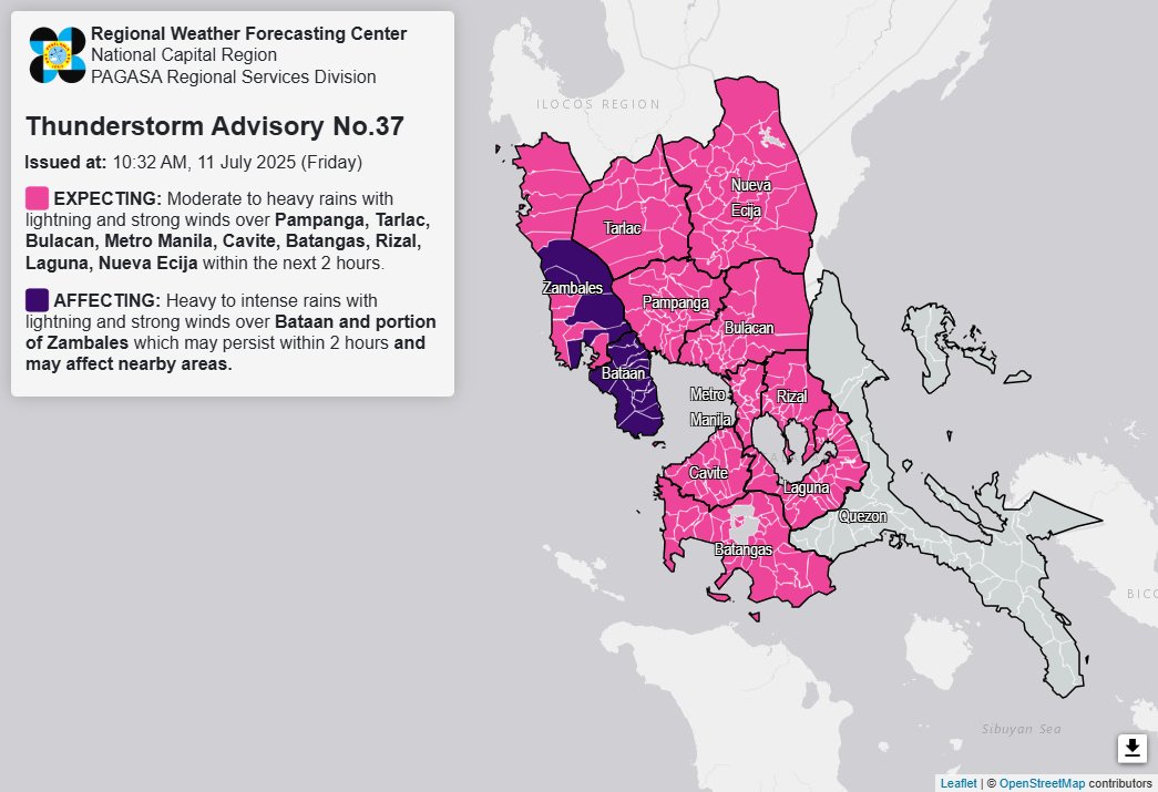 Thunderstorm advisory up over Metro Manila, 8 Luzon areas
