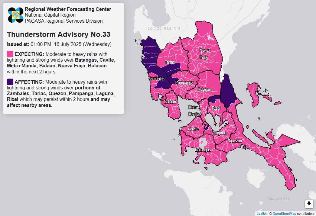 Thunderstorm advisory up over Metro Manila, 5 Luzon provinces