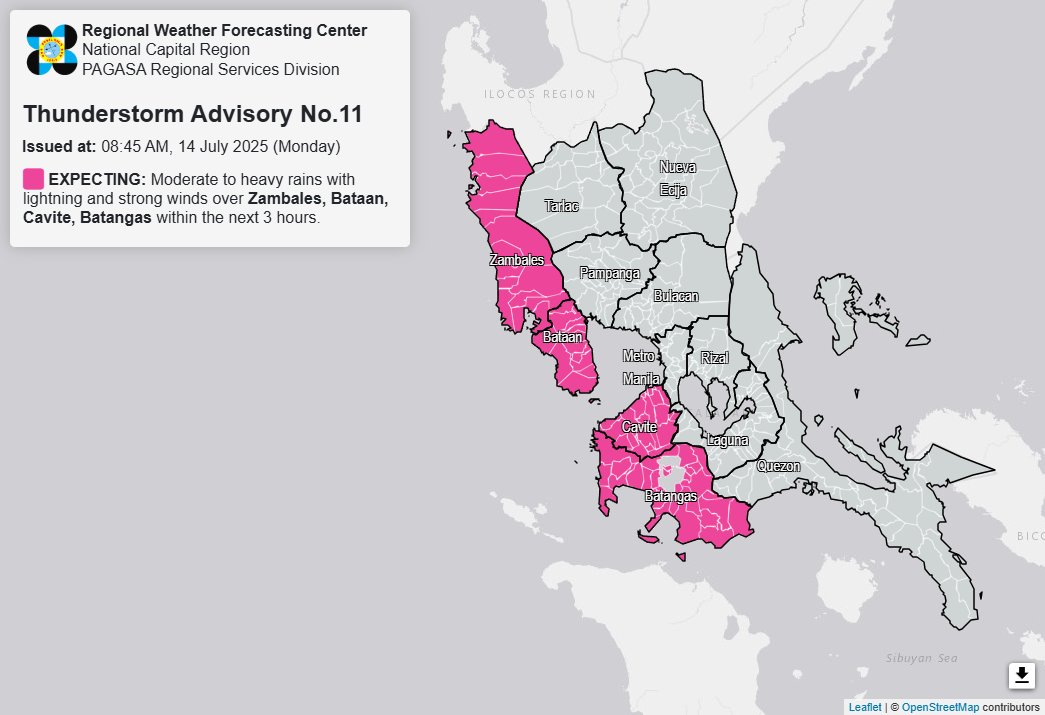 Thunderstorm advisory up over 4 Luzon areas