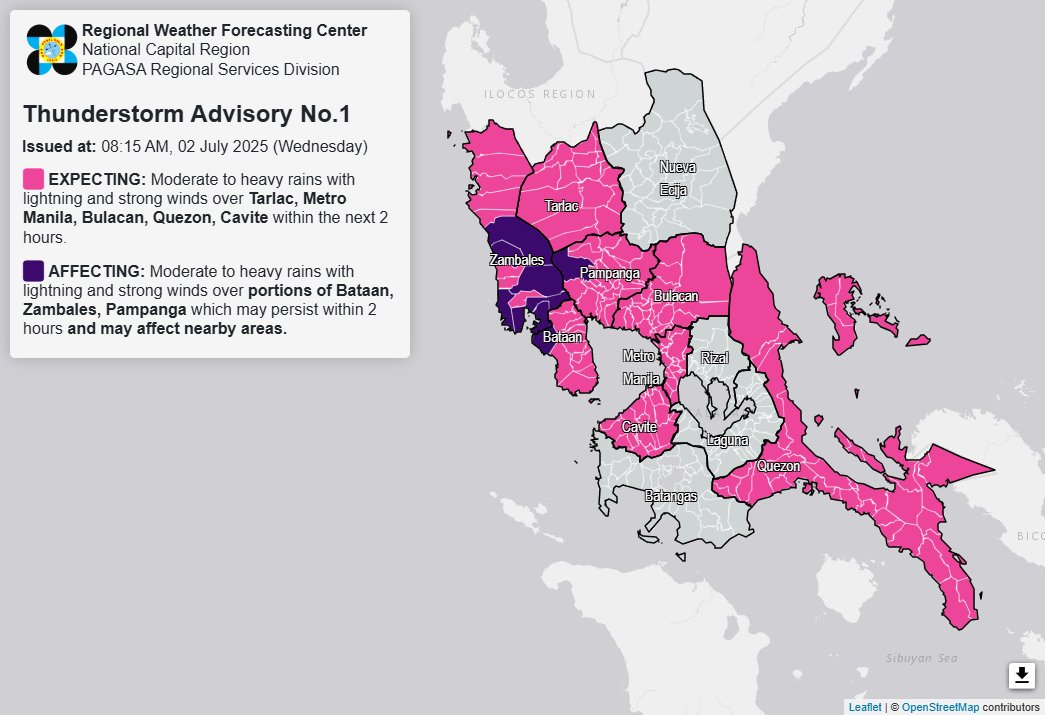Thunderstorm advisory up over Metro Manila, 4 Luzon areas